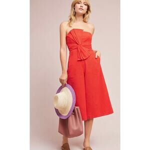 Anthropologie Strapless Orange Eyelet Wide Leg Jumpsuit Sz 14 XL Boho Coquette